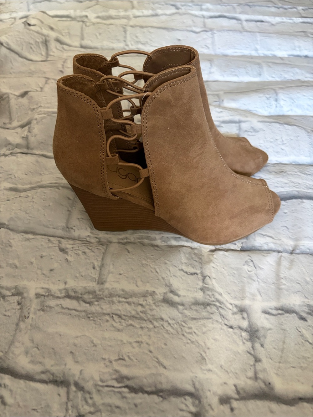 Women's Suede Peep-Toe Wedge Ankle Booties - Tan